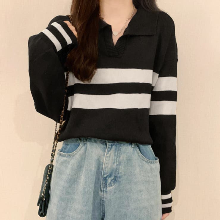 ブラック | ポロカラーラインニット | ad thie