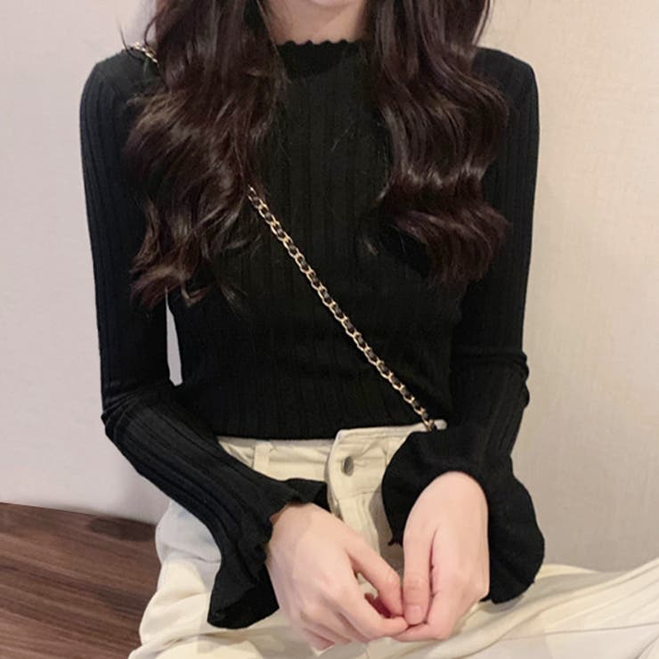 ブラック | メローネック 袖フレアリブニット | ad thie