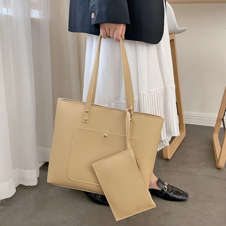 ベージュ | ミニポーチ付き エコレザー トートバッグ | ad thie