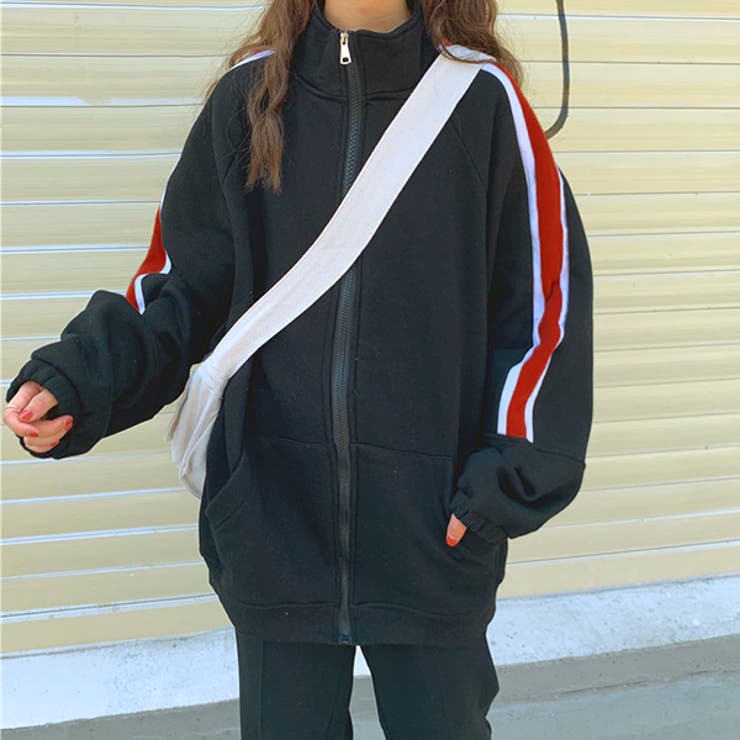 ブラック | 裏起毛 配色袖ライン スタンドネック ブルゾン | ad thie