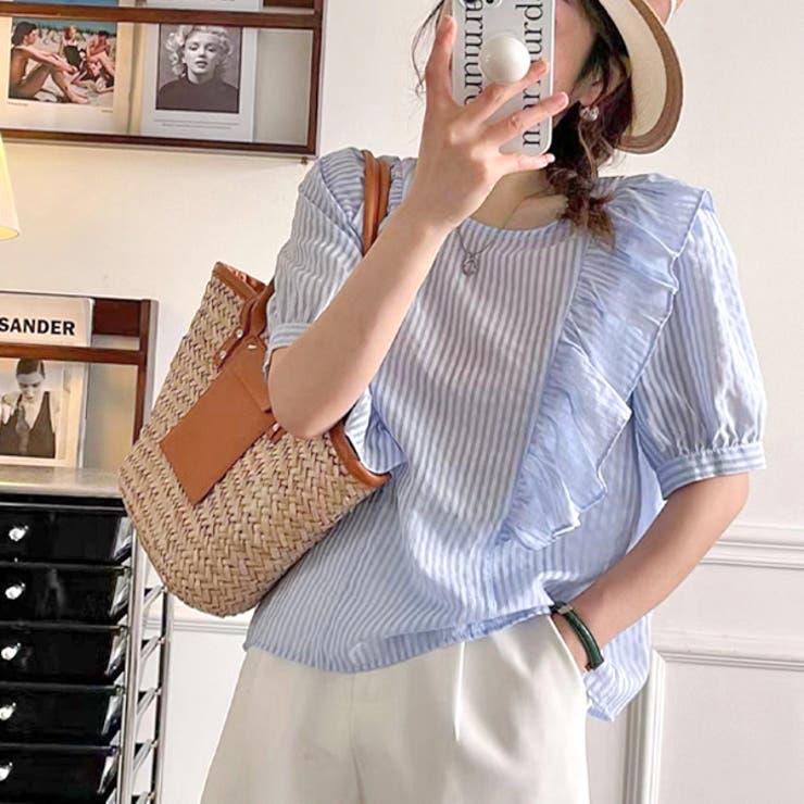 フリル・シアーストライプ パフスリーブブラウス | ad thie | 詳細画像6 