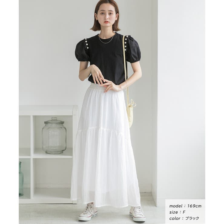 パール付き・パフスリーブ ショルダーフリルTシャツ[品番