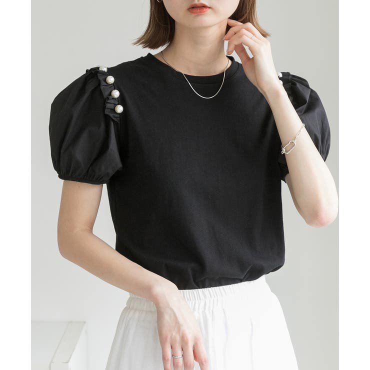 ブラック | パール付き・パフスリーブ ショルダーフリルTシャツ | ad thie