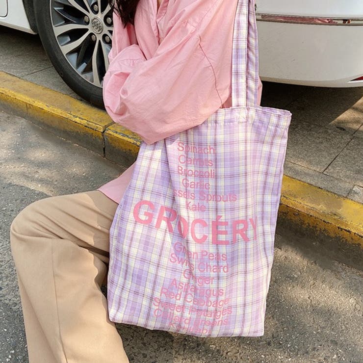 ラベンダー | チェック柄 ロゴトートバッグ | ad thie