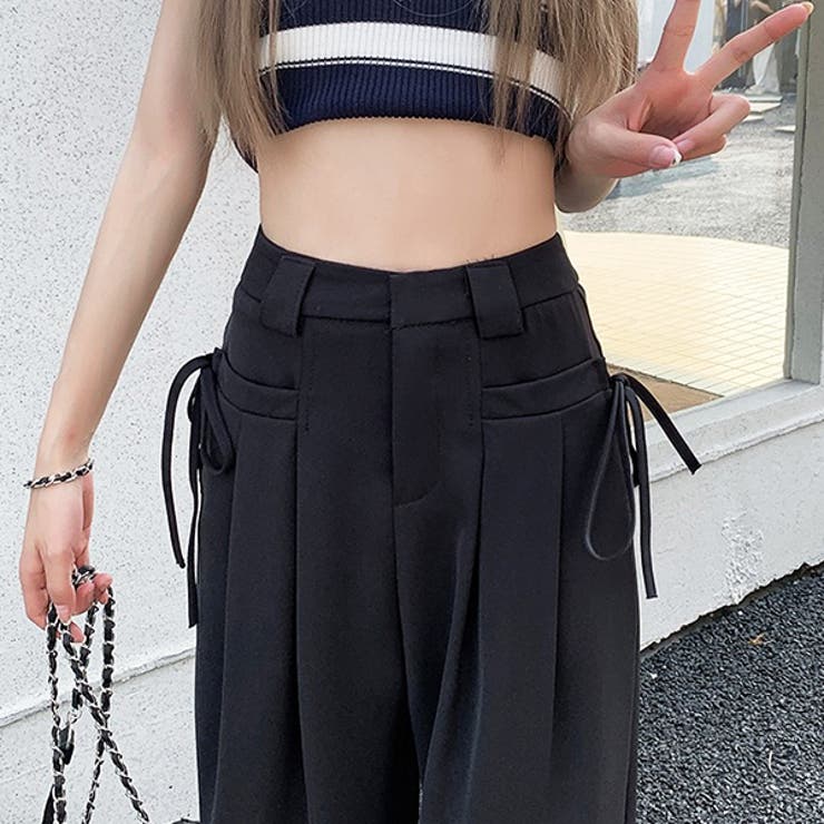 日本未入荷【Aakasha 前後ワイドタックパンツ リボンベルト】 antiqua タックワイドパンツ パンツ レディース ボトムス 送料