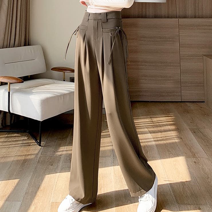 Arobe アローブ　サイドレースタックテーパードパンツ　ブラウン サイドリボン ワイドタックパンツ[品番：ADEW0004127]｜ad thie