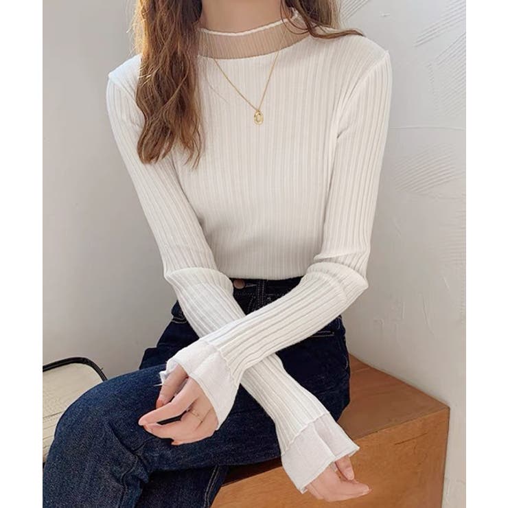 オフホワイト | フレアスリーブ リブニットトップス | ad thie