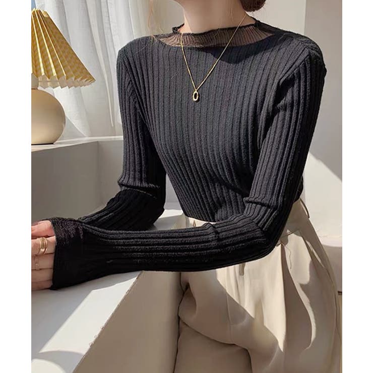 ブラック | フレアスリーブ リブニットトップス | ad thie