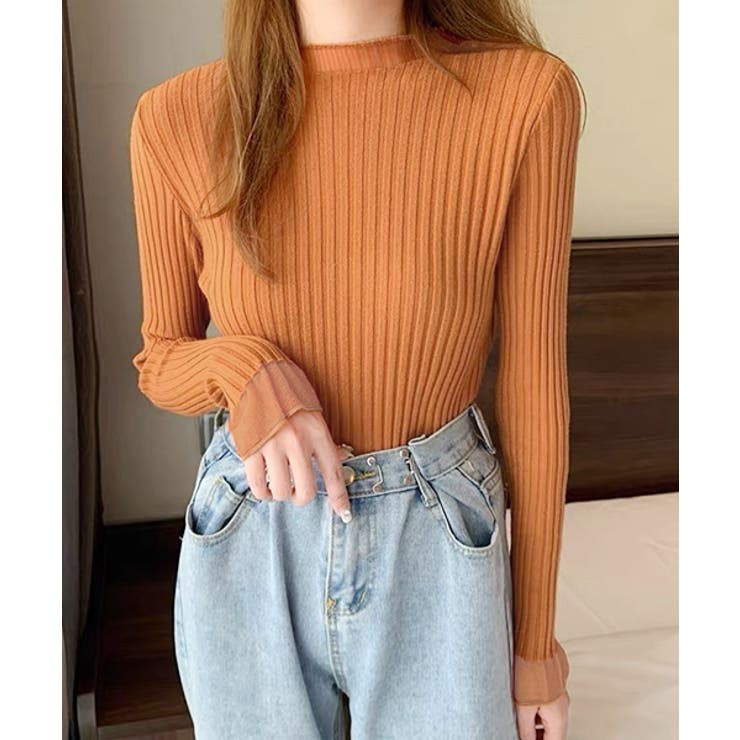 オレンジ | フレアスリーブ リブニットトップス | ad thie