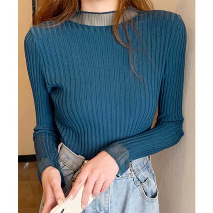 ブルー | フレアスリーブ リブニットトップス | ad thie