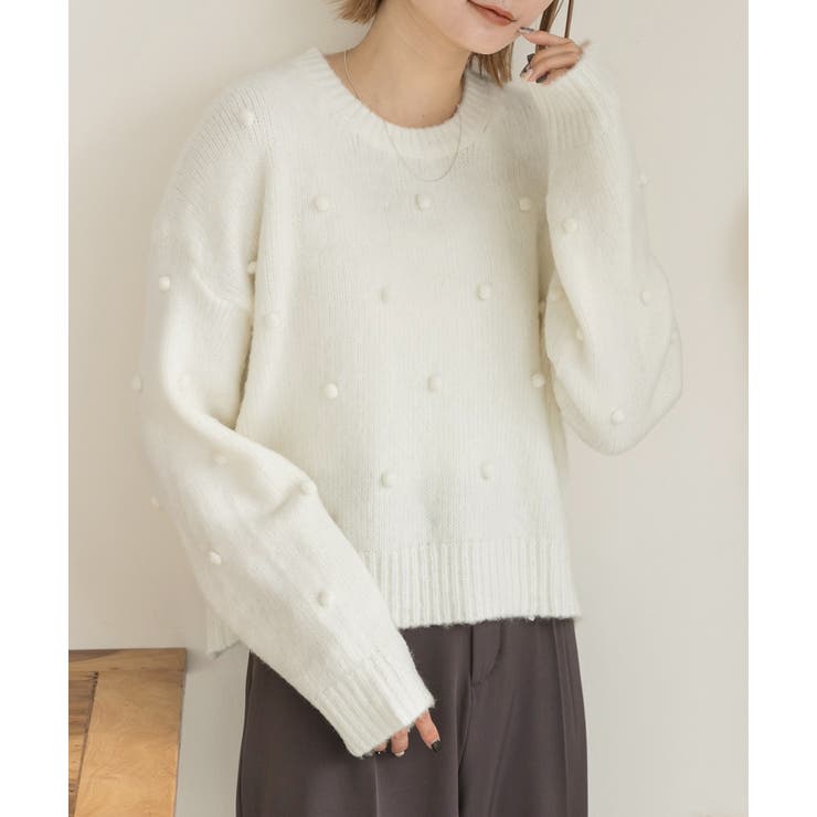 オフホワイト | ドット柄・クルーネック ショート丈ニット | ad thie
