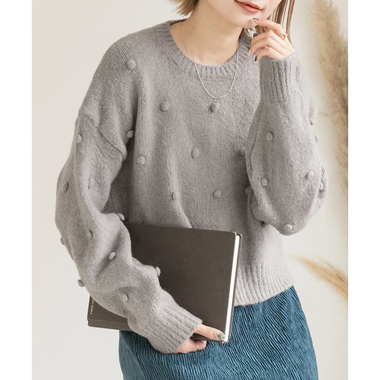 グレー | ドット柄・クルーネック ショート丈ニット | ad thie