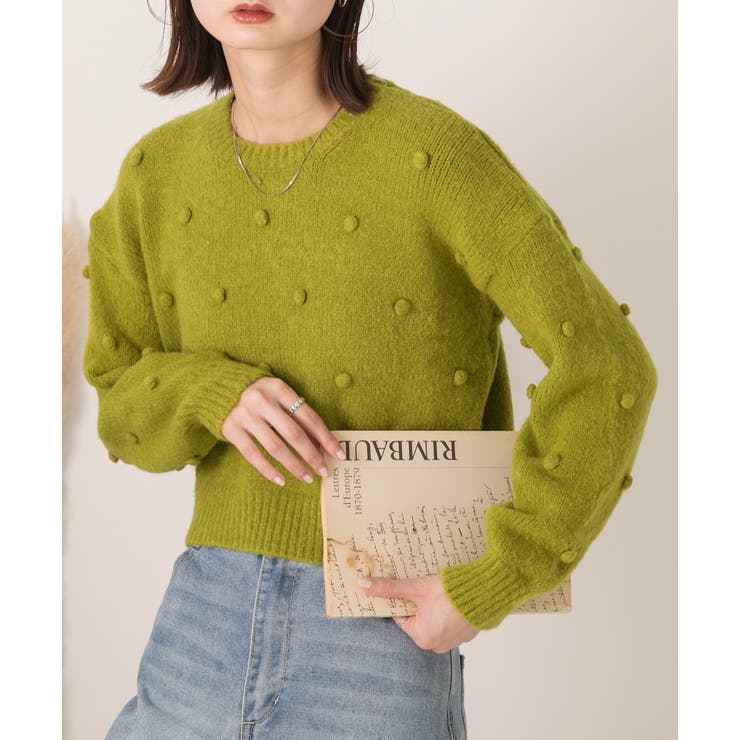 グリーン | ドット柄・クルーネック ショート丈ニット | ad thie