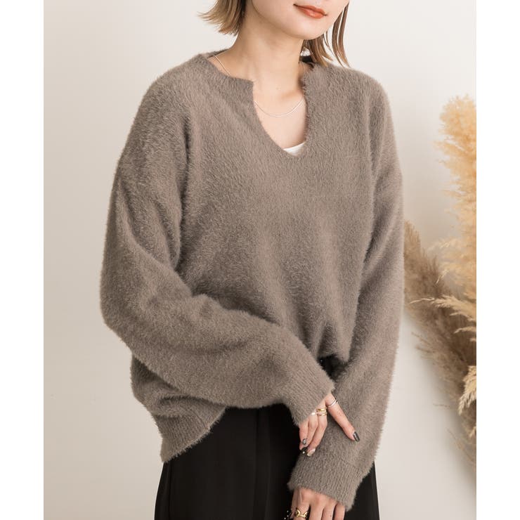 グレージュ | キーネック・ふんわり シャギーニット | ad thie