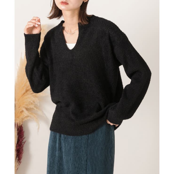 ブラック | キーネック・ふんわり シャギーニット | ad thie