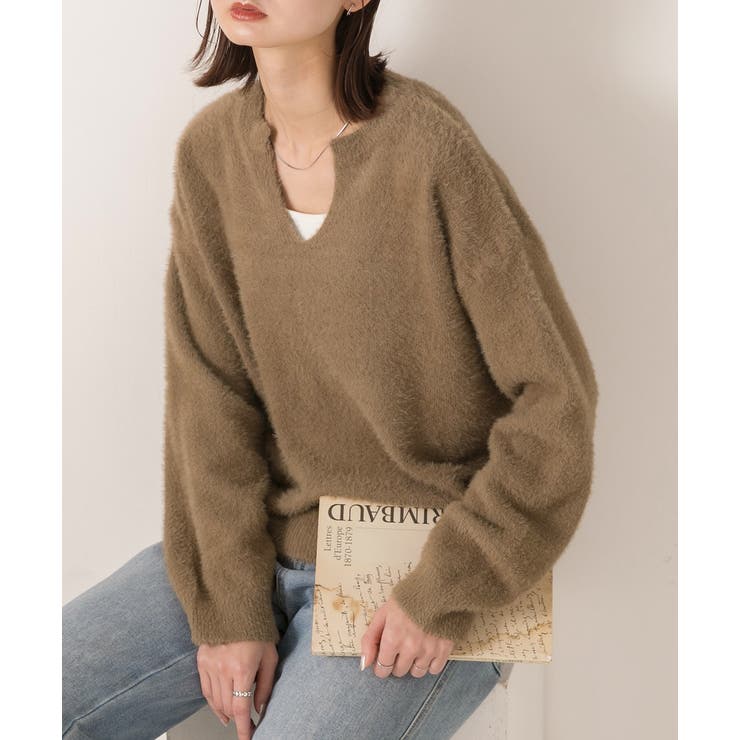 ブラウン | キーネック・ふんわり シャギーニット | ad thie