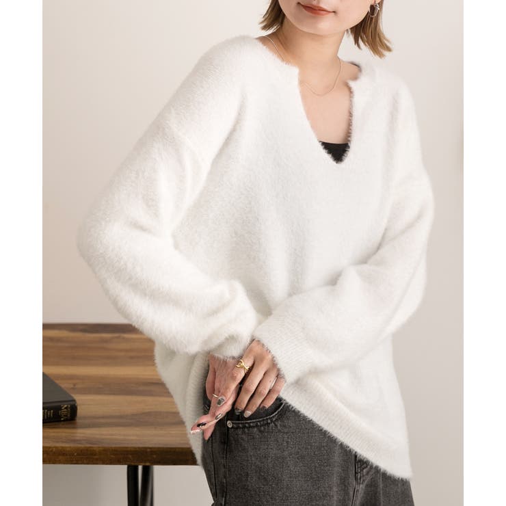 オフホワイト | キーネック・ふんわり シャギーニット | ad thie