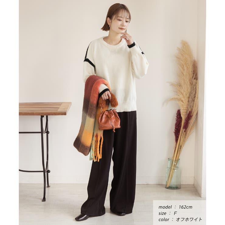 ゆったり・クルーネック 配色ラインデザインニット | ad thie | 詳細画像2 