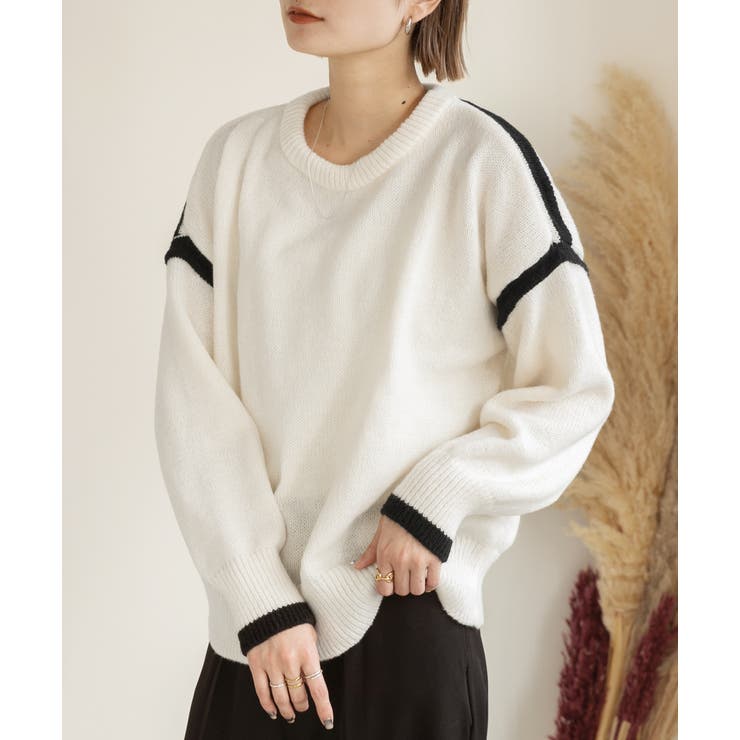 ゆったり・クルーネック 配色ラインデザインニット | ad thie | 詳細画像3 