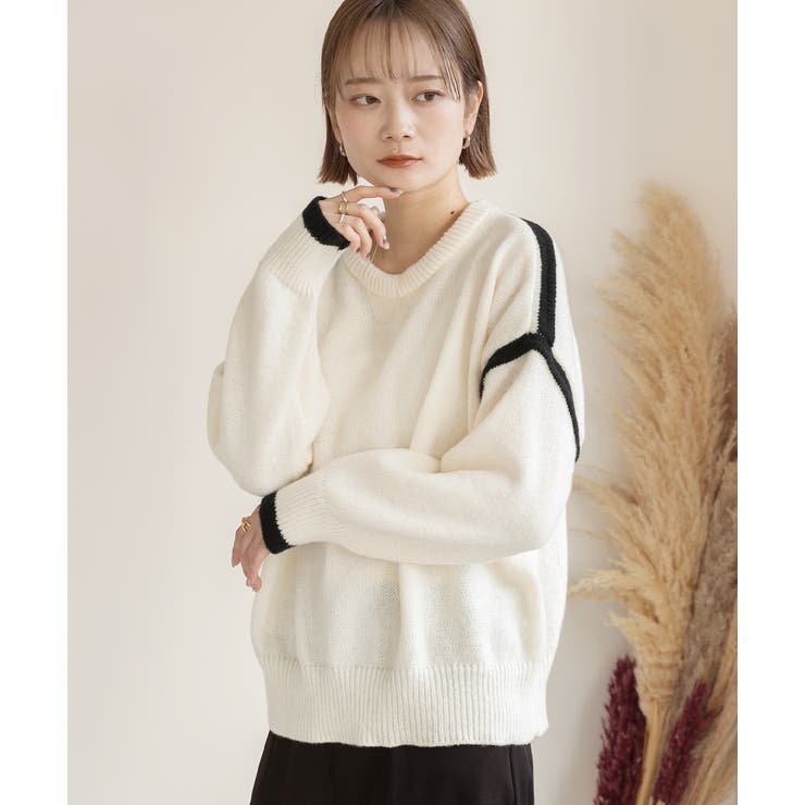 ゆったり・クルーネック 配色ラインデザインニット | ad thie | 詳細画像4 