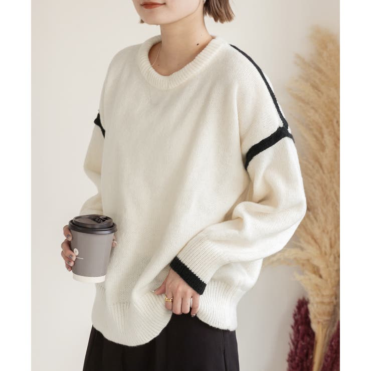 ゆったり・クルーネック 配色ラインデザインニット | ad thie | 詳細画像7 