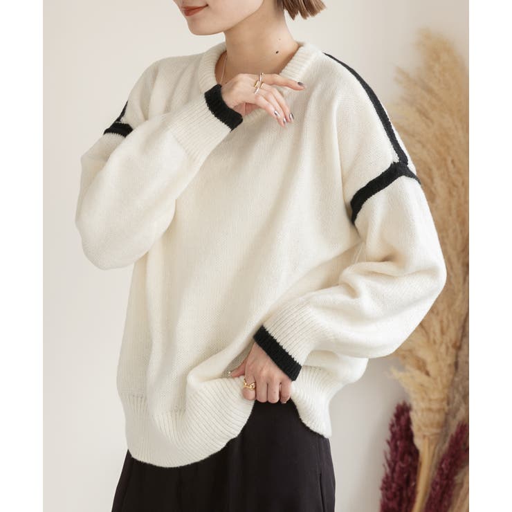 ゆったり・クルーネック 配色ラインデザインニット | ad thie | 詳細画像9 