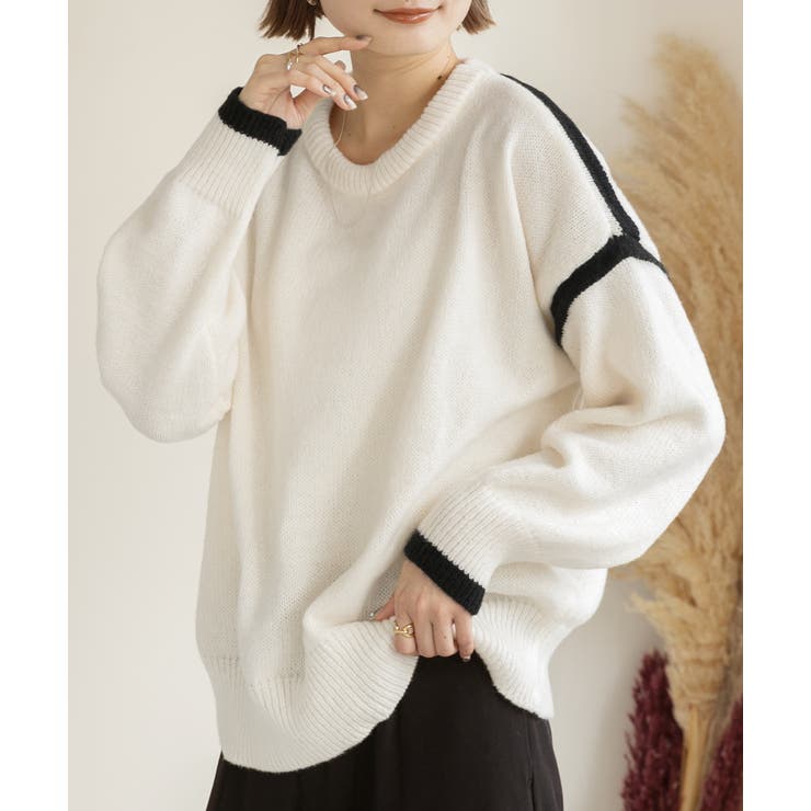 オフホワイト | ゆったり・クルーネック 配色ラインデザインニット | ad thie