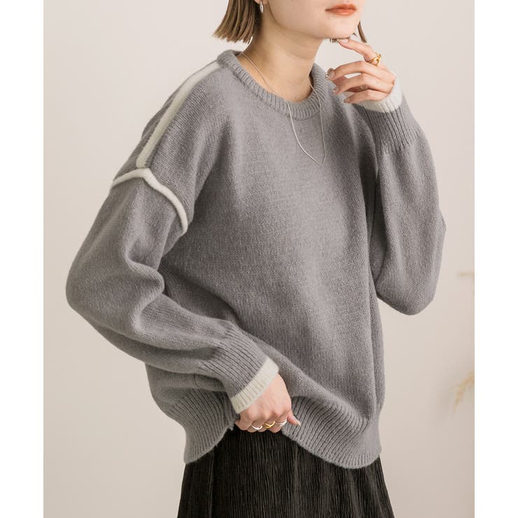 グレー | ゆったり・クルーネック 配色ラインデザインニット | ad thie