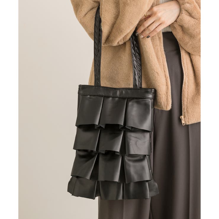 ブラック | エコレザー フリルトートバッグ | ad thie