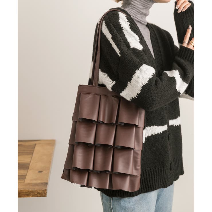 ダークブラウン | エコレザー フリルトートバッグ | ad thie