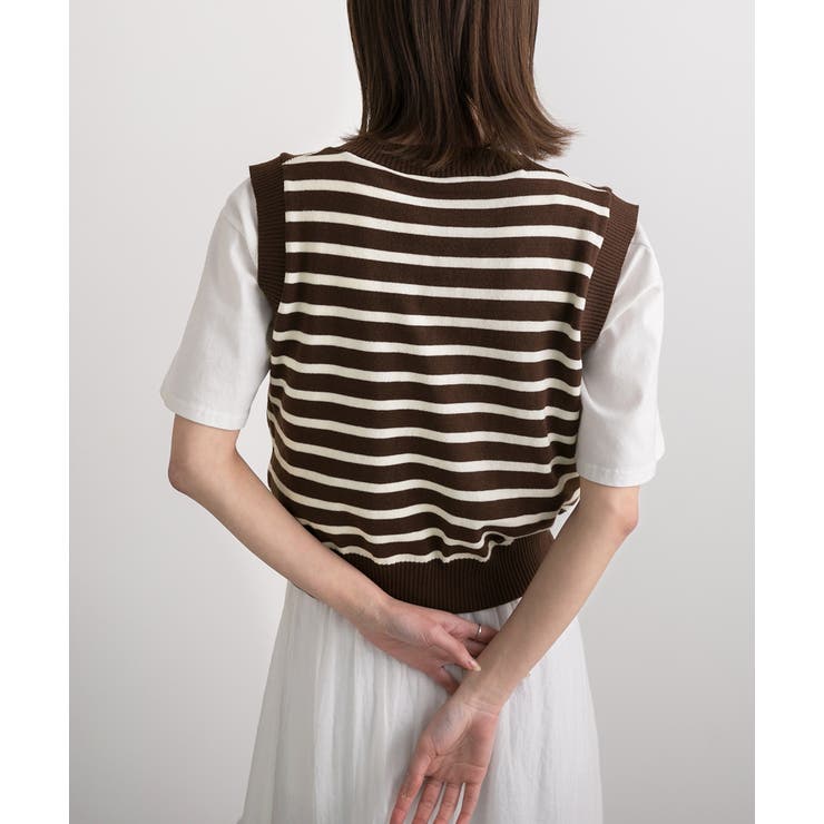 Vネック・ショート丈 ボーダーニットベスト | ad thie | 詳細画像10 