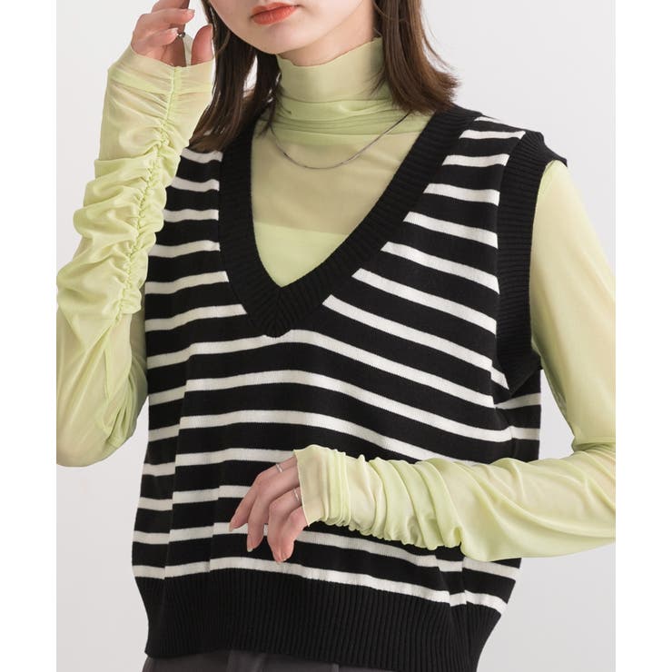 Vネック・ショート丈 ボーダーニットベスト | ad thie | 詳細画像12 