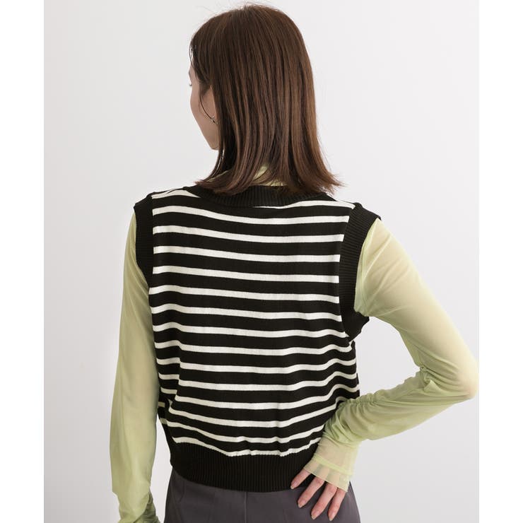 Vネック・ショート丈 ボーダーニットベスト | ad thie | 詳細画像15 