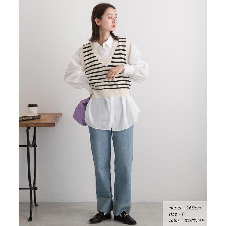 Vネック・ショート丈 ボーダーニットベスト | ad thie | 詳細画像2 