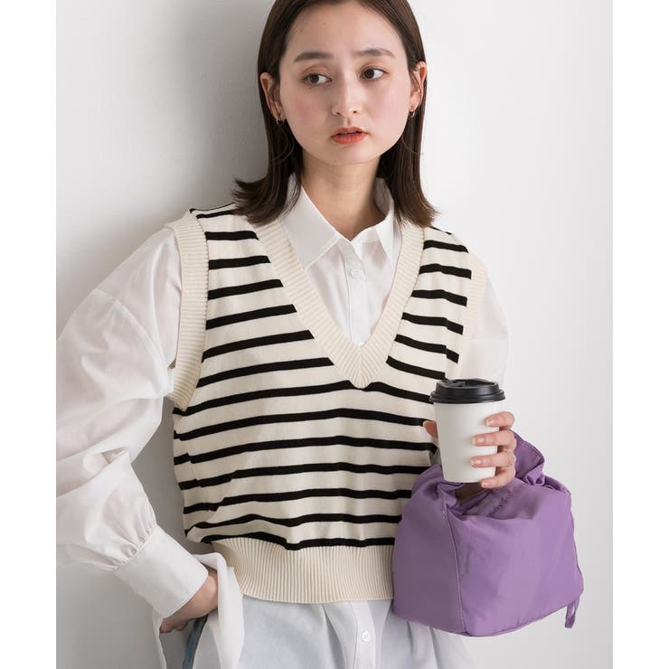 Vネック・ショート丈 ボーダーニットベスト | ad thie | 詳細画像5 