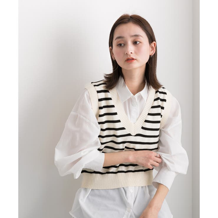 Vネック・ショート丈 ボーダーニットベスト | ad thie | 詳細画像6 