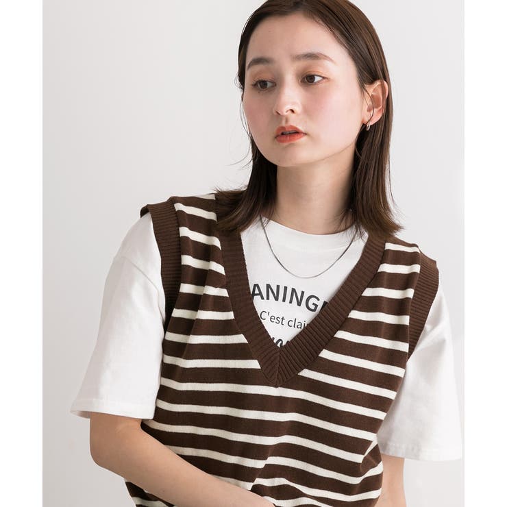 Vネック・ショート丈 ボーダーニットベスト | ad thie | 詳細画像9 