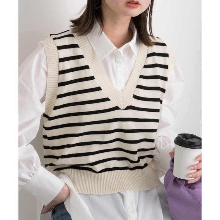 オフホワイト | Vネック・ショート丈 ボーダーニットベスト | ad thie