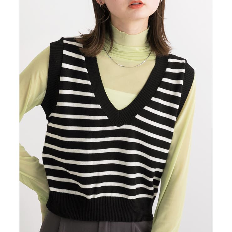 ブラック | Vネック・ショート丈 ボーダーニットベスト | ad thie