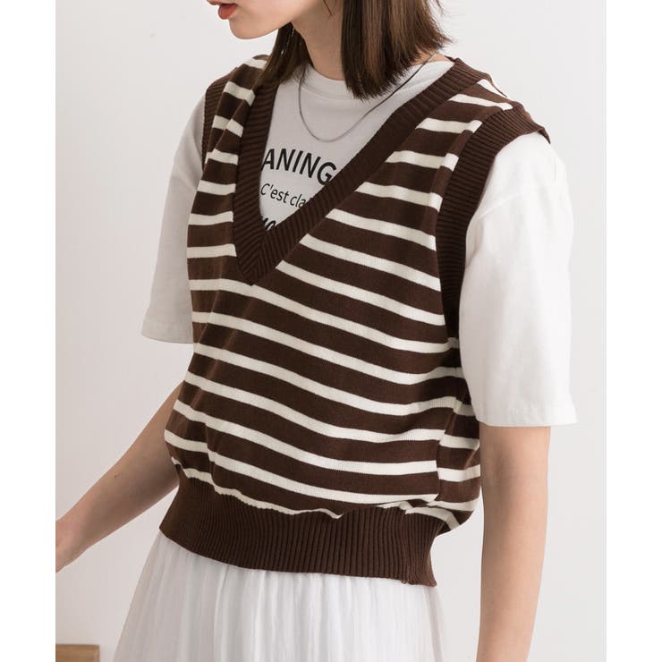 ブラウン | Vネック・ショート丈 ボーダーニットベスト | ad thie