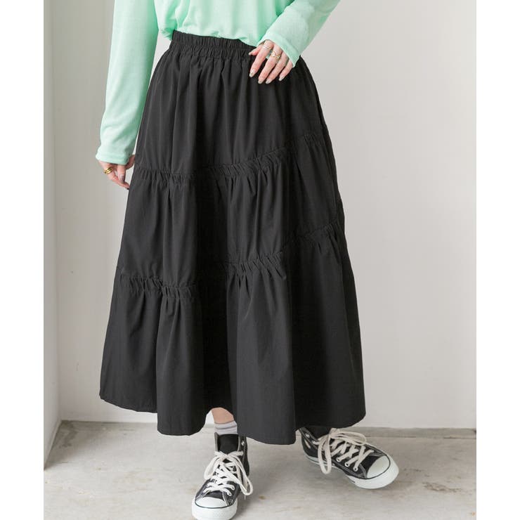 ブラック | ギャザーデザイン フレアロングスカート | ad thie