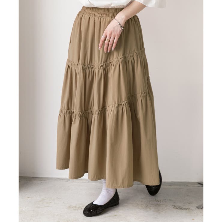 ベージュ | ギャザーデザイン フレアロングスカート | ad thie