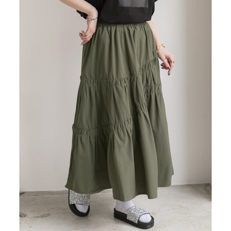 カーキ | ギャザーデザイン フレアロングスカート | ad thie