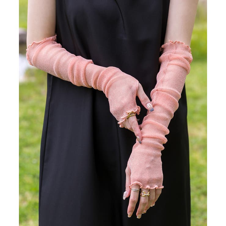 サーモンピンク | サムホール ラメシアーアームカバー | ad thie