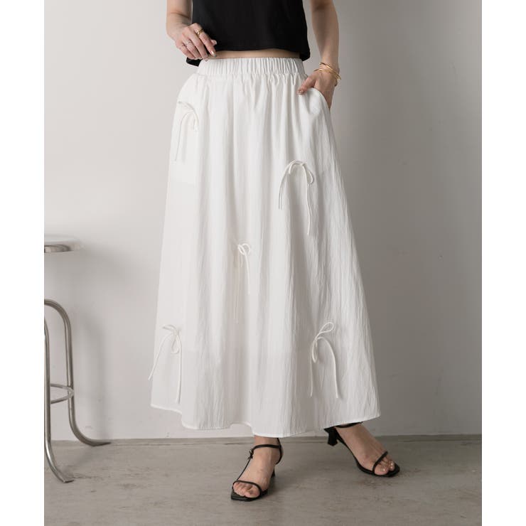 オフホワイト | リボンデザイン ワッシャーフレアスカート | ad thie