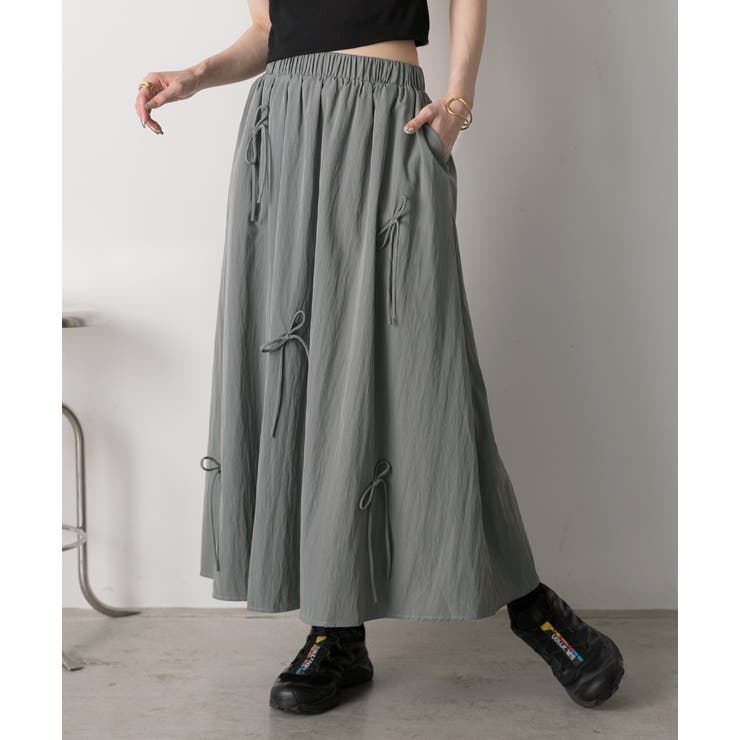 グレー | リボンデザイン ワッシャーフレアスカート | ad thie