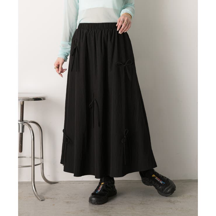 ブラック | リボンデザイン ワッシャーフレアスカート | ad thie