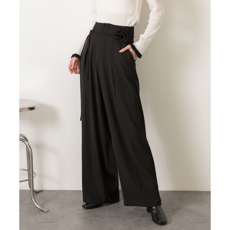 ブラック | バラモチーフ付き とろみワイドパンツ | ad thie