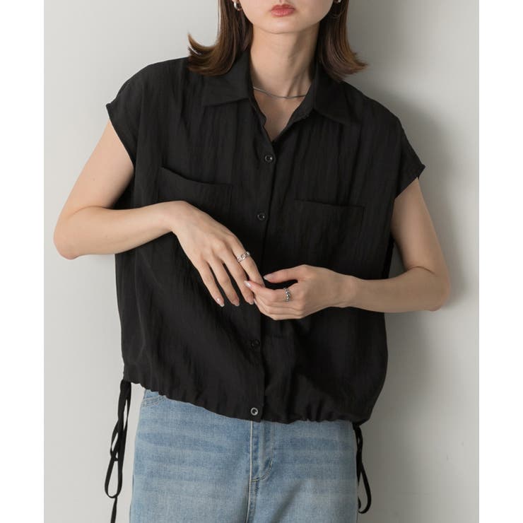 ブラック | 裾リボン フレンチスリーブシャツ | ad thie