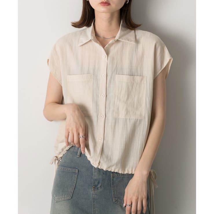 ナチュラル | 裾リボン フレンチスリーブシャツ | ad thie